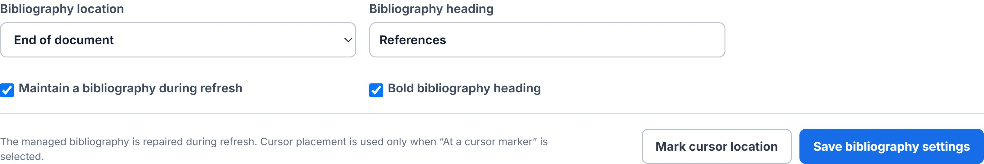 LumaCite bibliography location and heading controls with Maintain a bibliography during refresh enabled