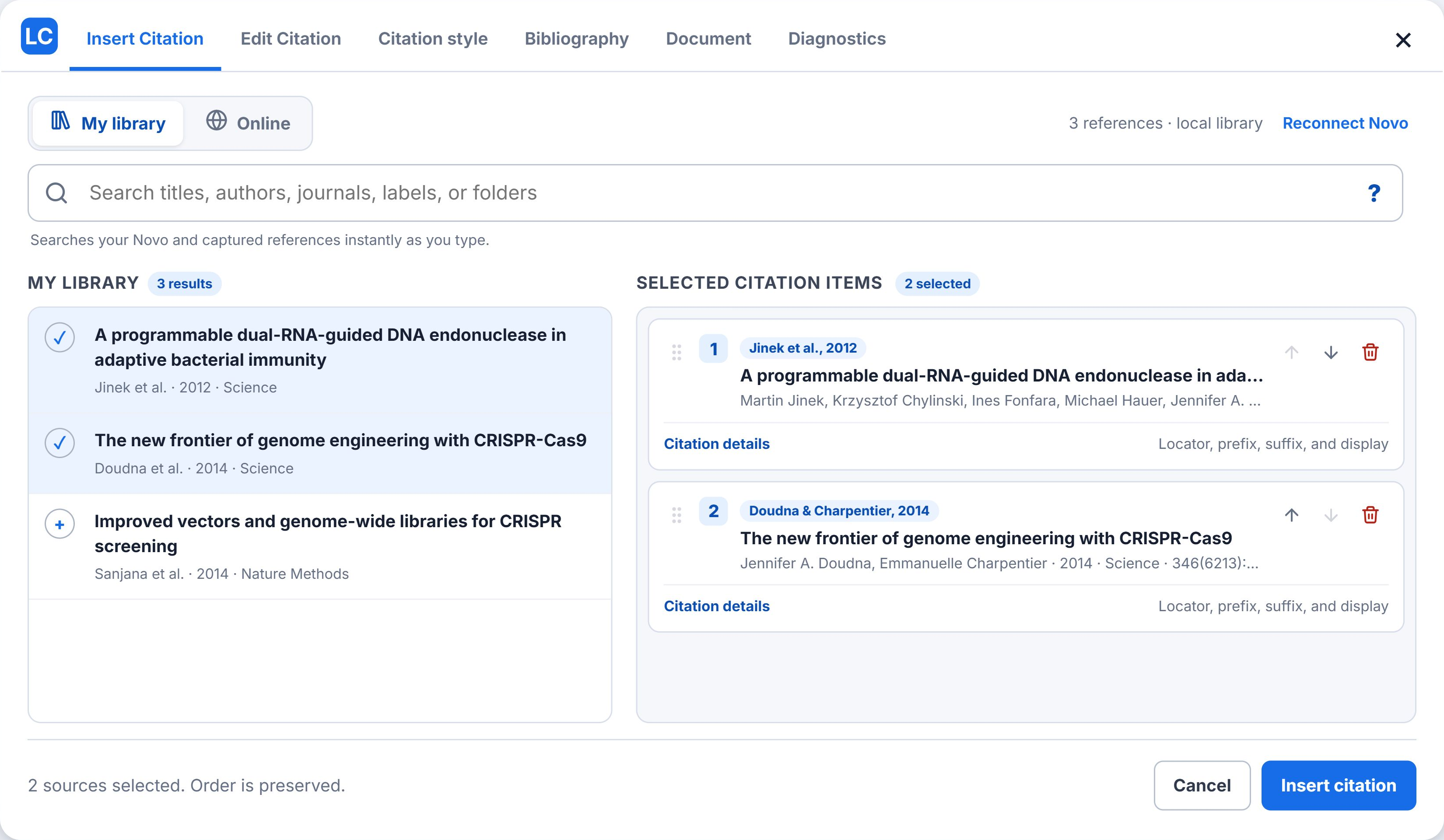 LumaCite citation picker for Google Docs showing library results and two selected sources