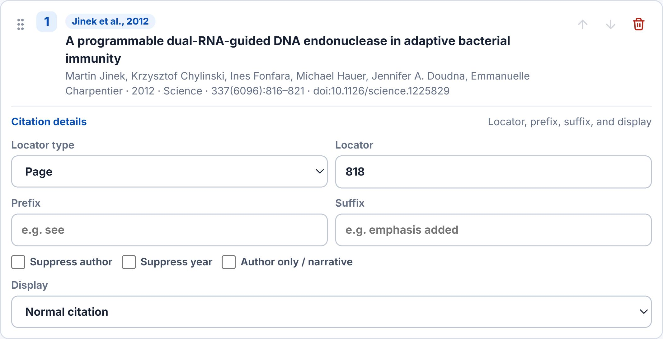 LumaCite citation details with Page selected and page 818 entered, plus prefix, suffix, and author options