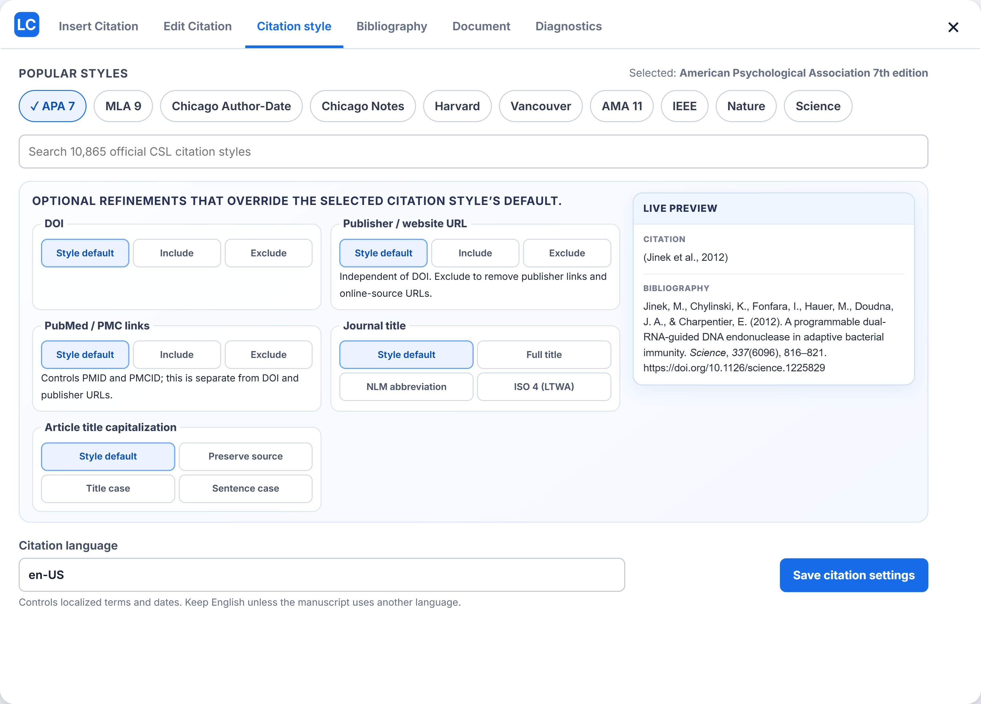 LumaCite citation style settings with APA selected and a live citation and bibliography preview