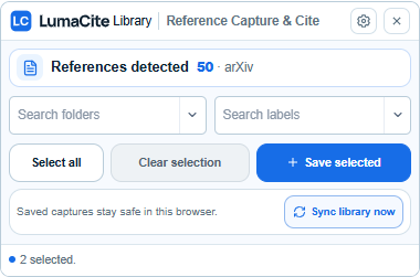 Close view of the current extension panel with selected references, folder and label fields, Save selected, and Sync library now