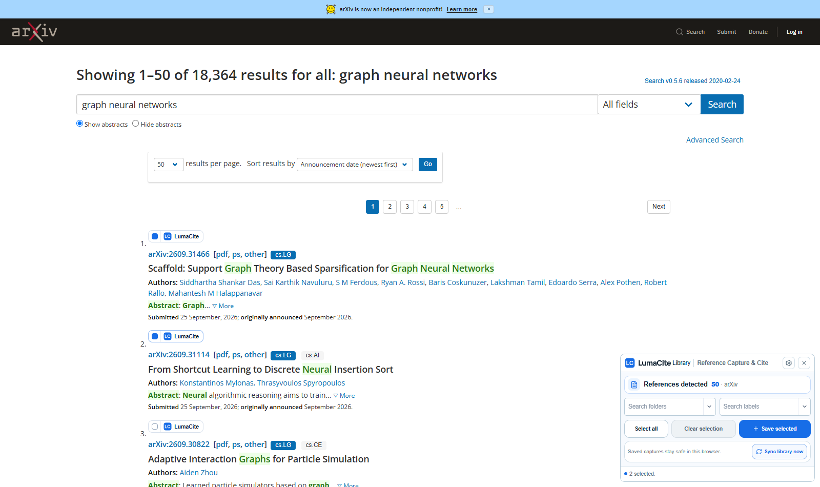 Current LumaCite Capture and Cite extension on live arXiv search results with two selected papers and its save panel open