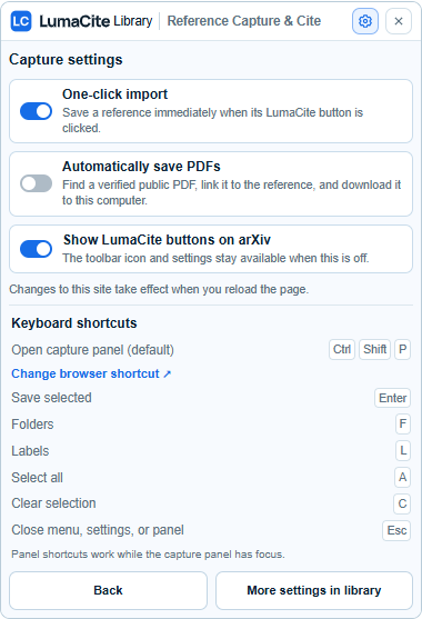 Current Capture and Cite settings showing the Automatically save PDFs option