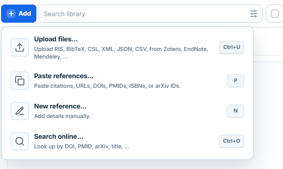 The current LumaCite Add menu showing Upload files, Paste references, New reference, and Search online