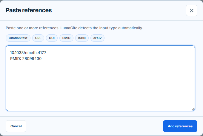 Current LumaCite Paste references dialog with a DOI and PMID entered