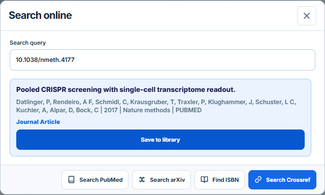 Current LumaCite Search online dialog showing a real PubMed result and Save to library button