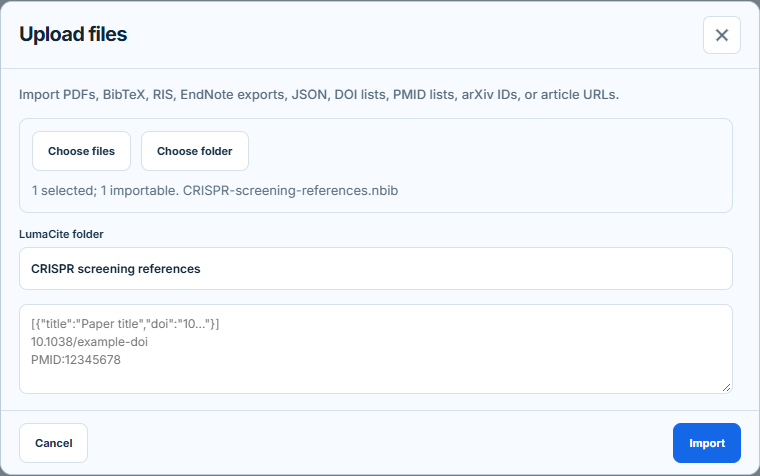Current LumaCite Upload files dialog with a real PubMed NBIB export selected and a destination folder