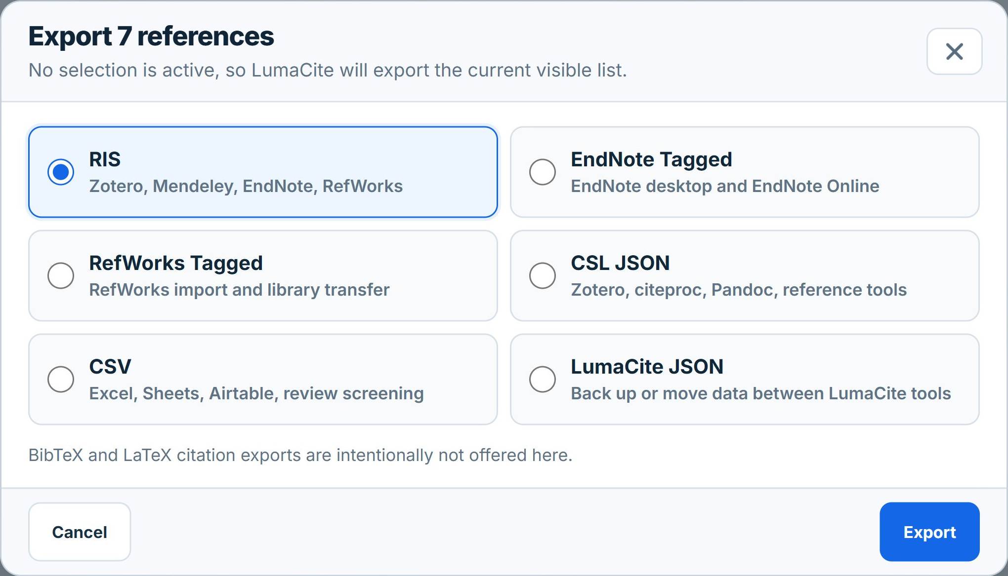 LumaCite export dialog with RIS, EndNote Tagged, RefWorks Tagged, CSL JSON, CSV, and LumaCite JSON