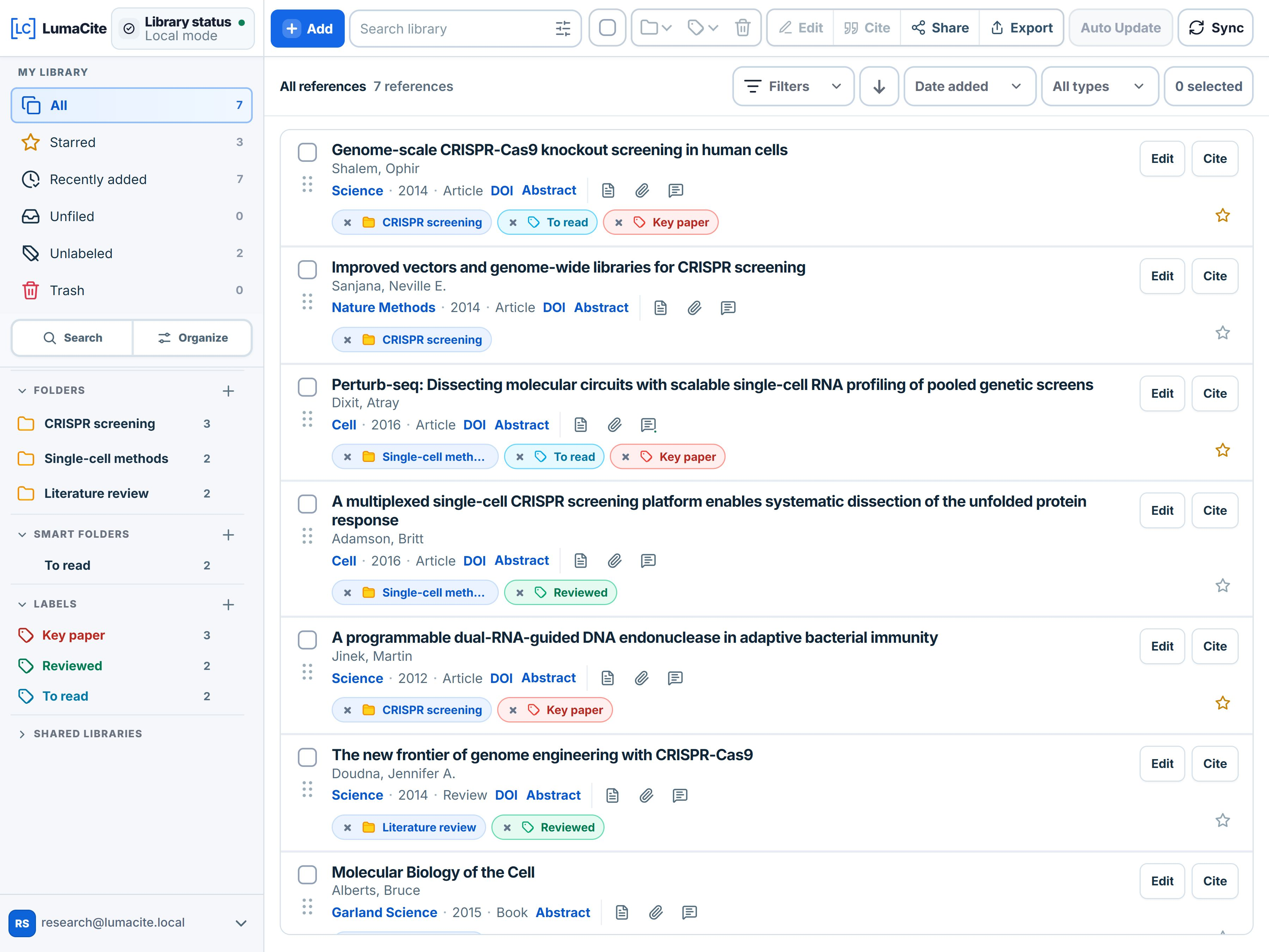 LumaCite web library with research references, project folders, colored labels, and a To read smart folder