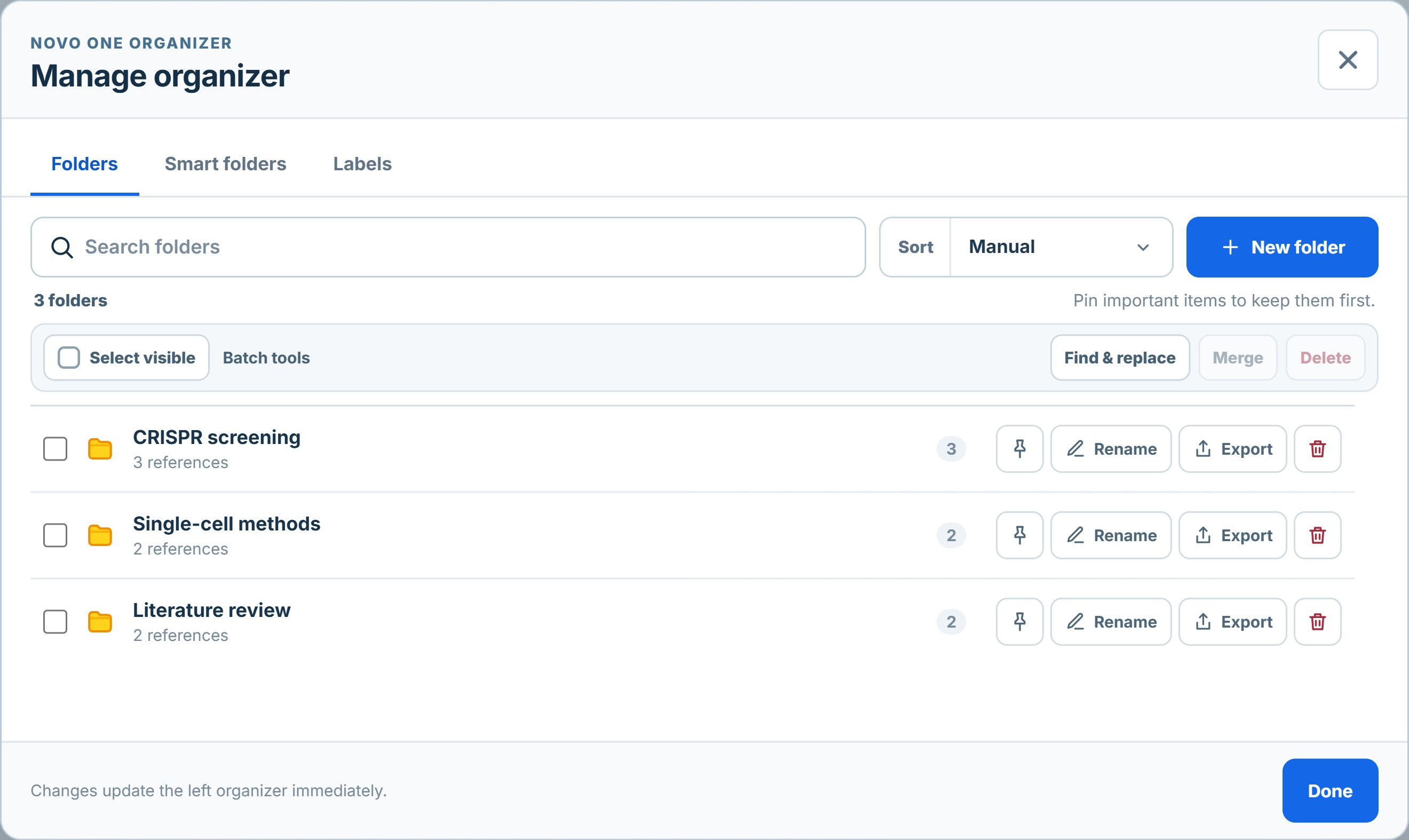 LumaCite Manage organizer with folder search, pin, rename, export, and batch tools