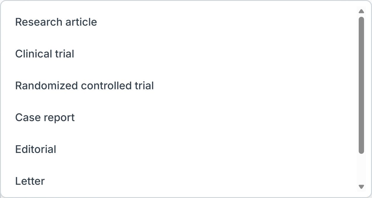 LumaCite article subtypes, including clinical trial, case report, and editorial