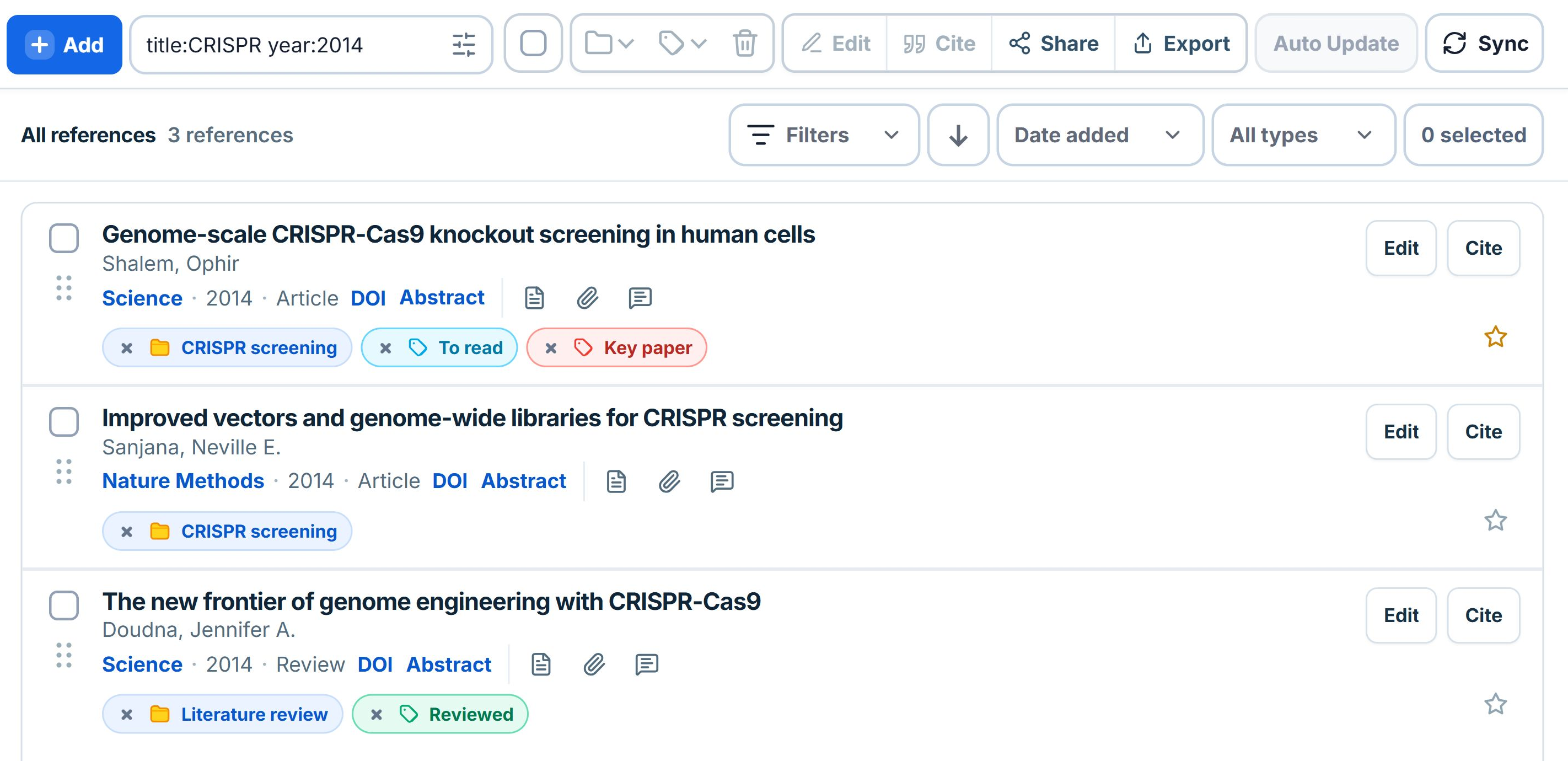 LumaCite search for title:CRISPR year:2014 finds three saved references