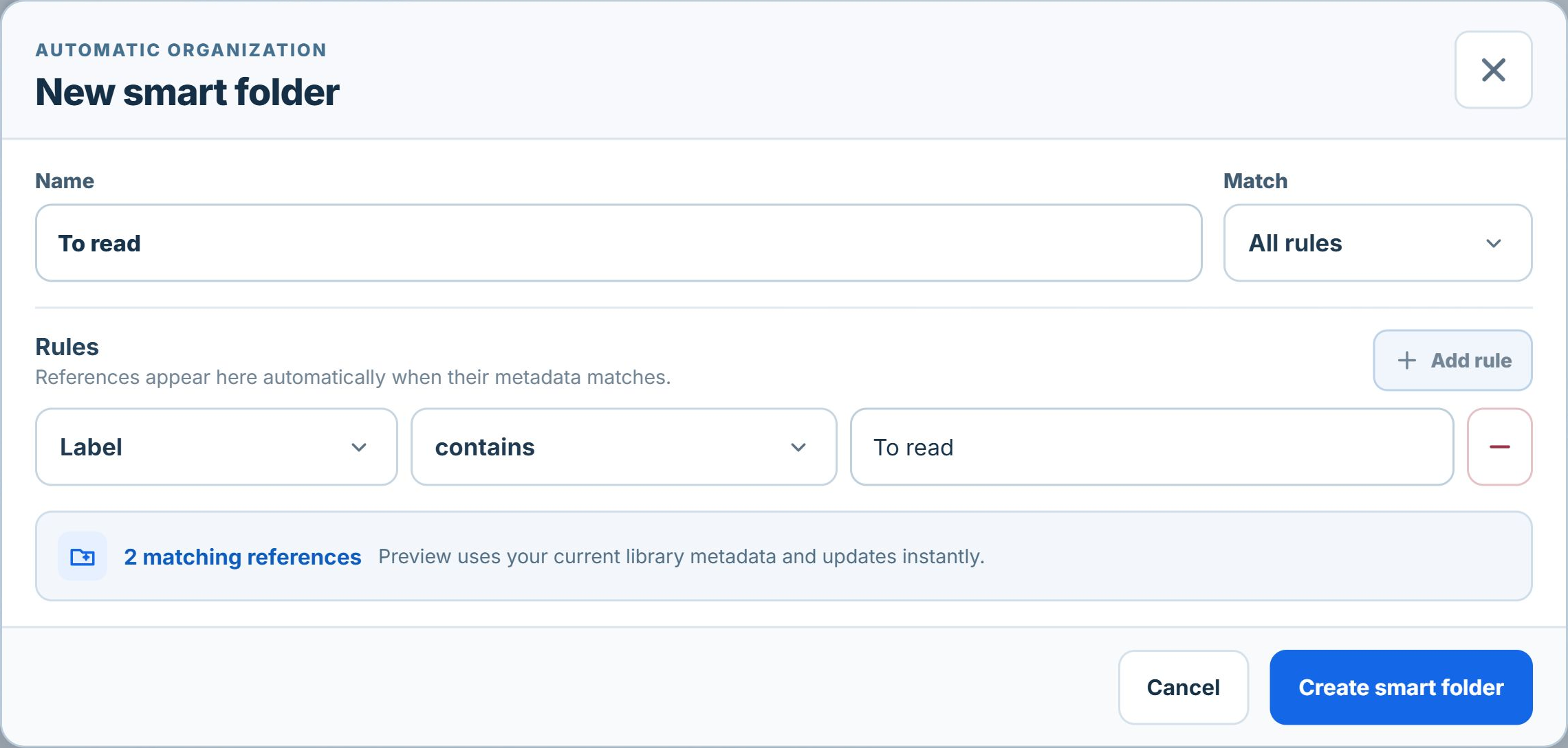 LumaCite smart folder editor: To read, Label contains To read, and two matching references