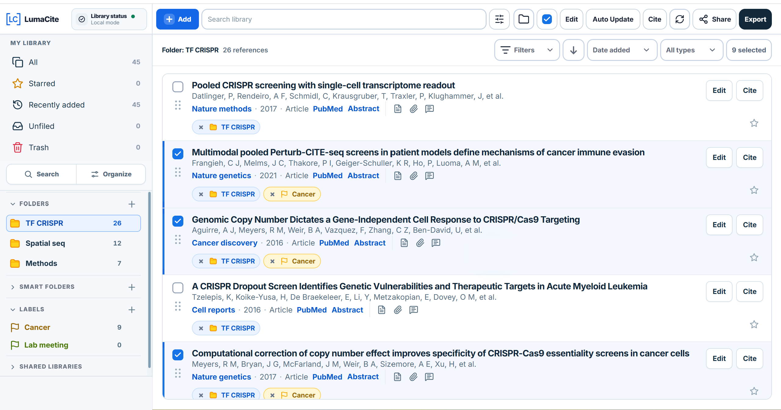 Novo One cloud reference manager showing a TF CRISPR research library organized into folders with complete journal metadata