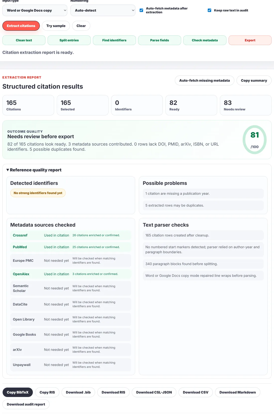 LumaCite extraction report showing citation totals, quality status, possible problems, metadata sources, and export options
