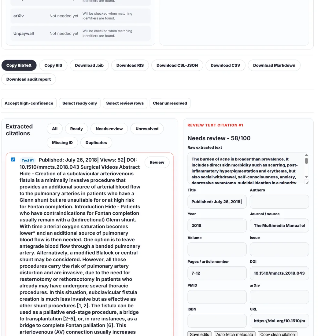 LumaCite row-level review interface with raw extracted text, editable citation fields, DOI, URL, confidence signals, and metadata controls
