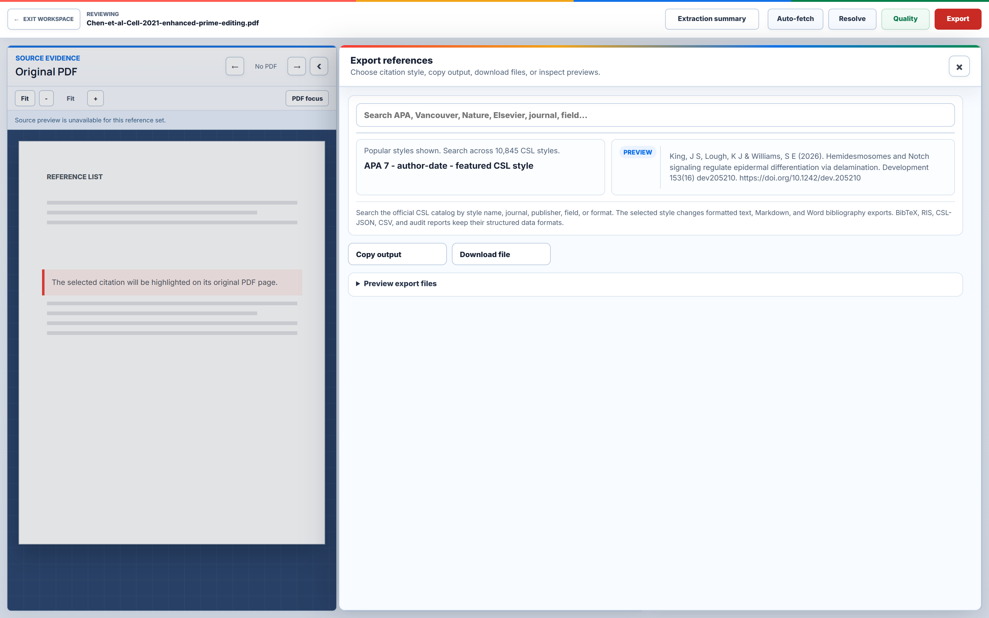 LumaCite export drawer with citation style search, copy output, download, and preview controls.
