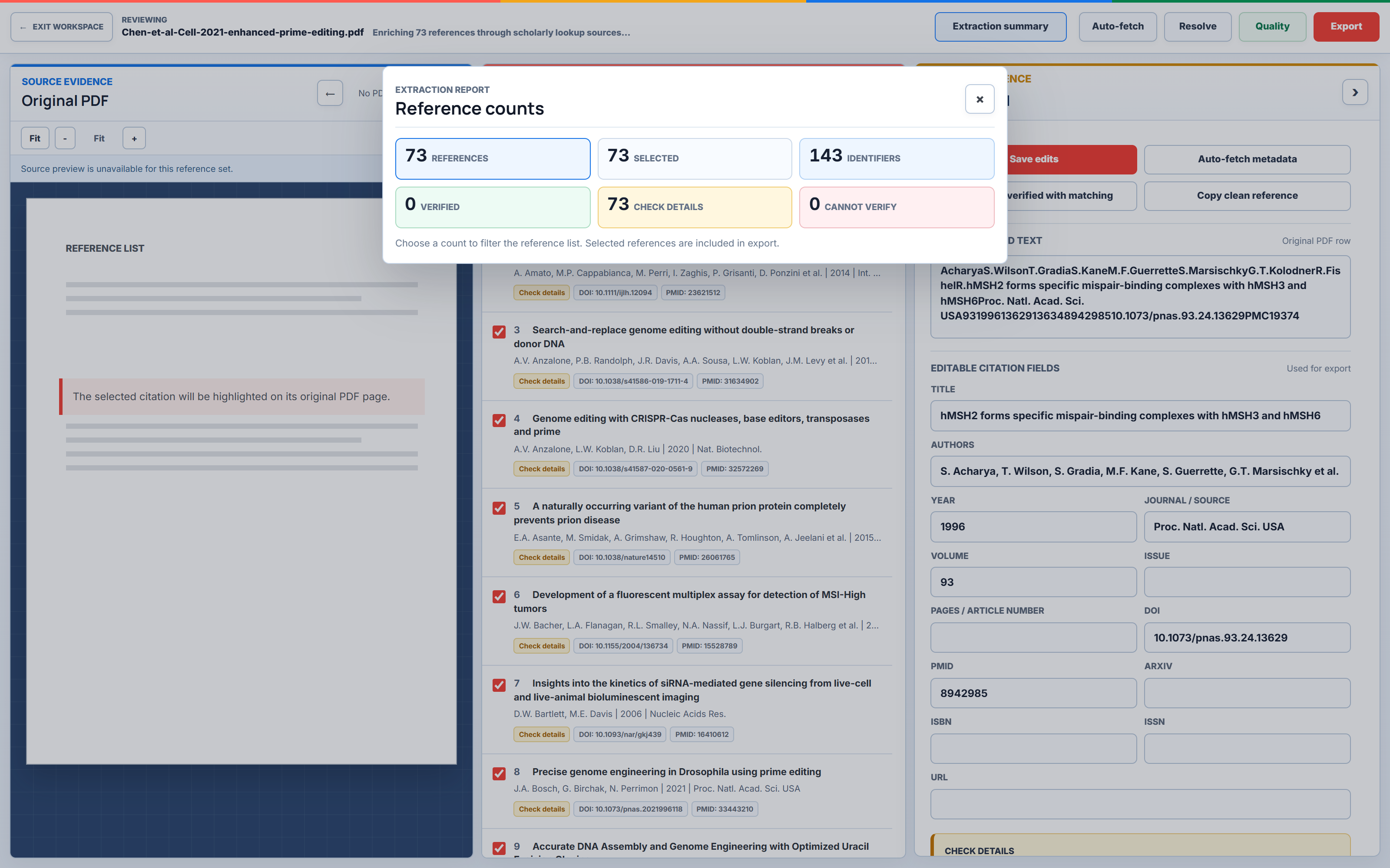 Extraction summary panel showing reference count, selected rows, identifiers, and rows to check.