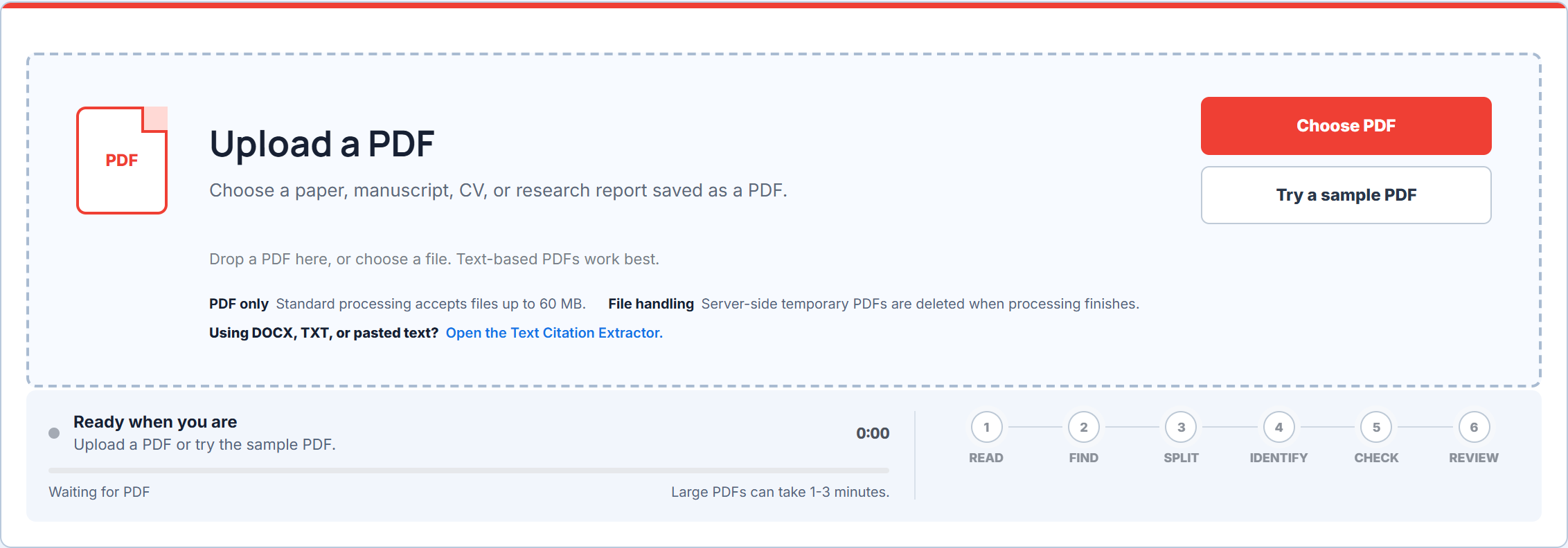 LumaCite PDF reference extractor upload panel before processing a research PDF.