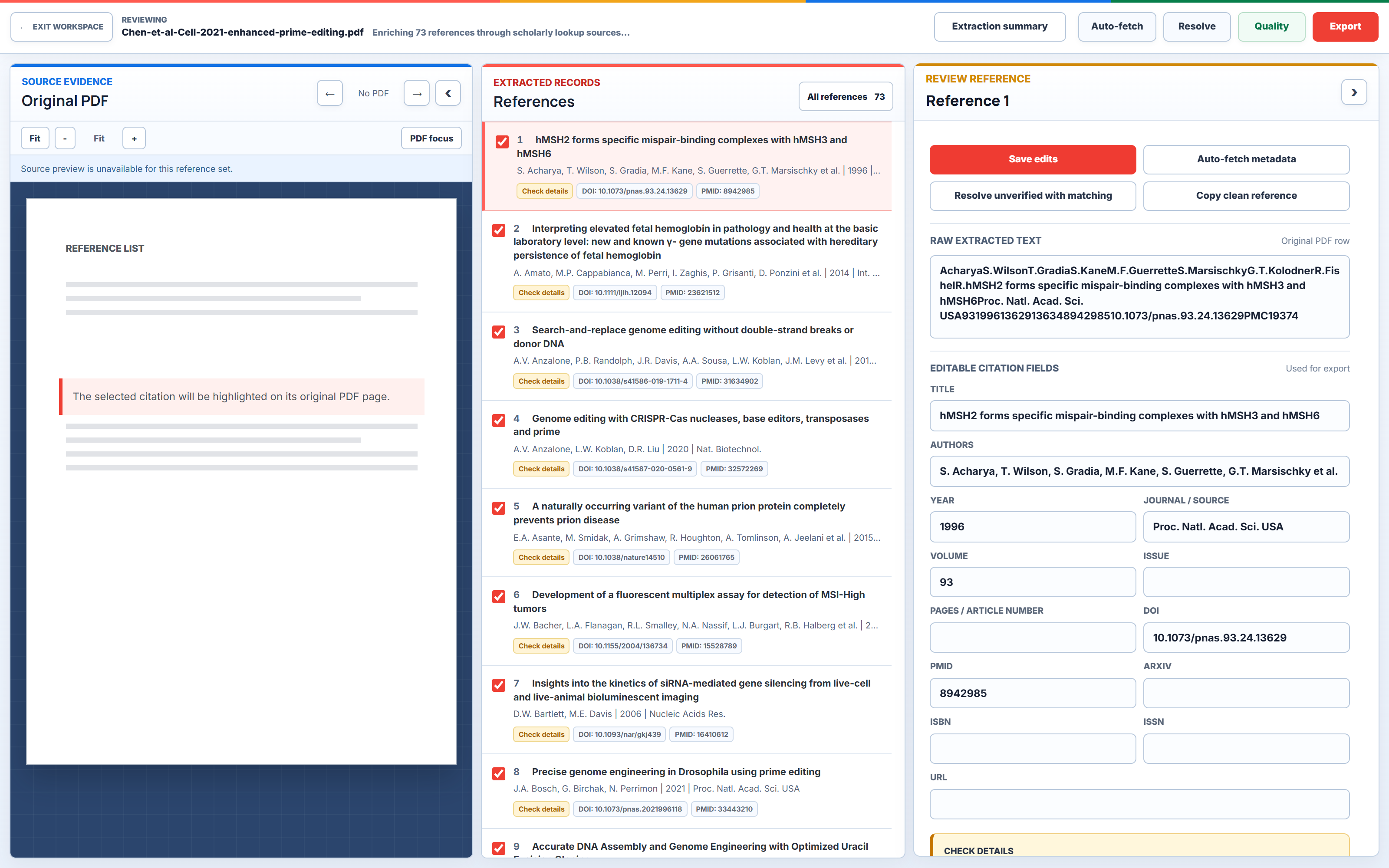 LumaCite review workspace with source evidence pane, extracted reference list, and editable reference detail pane.