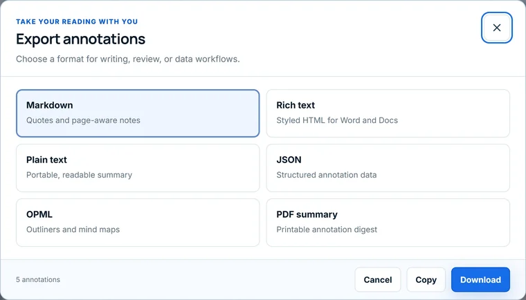 LumaCite annotation export dialog with Markdown, rich text, plain text, JSON, OPML, and PDF summary