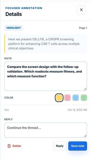 LumaCite annotation details showing the original quote, page number, note, and color choices
