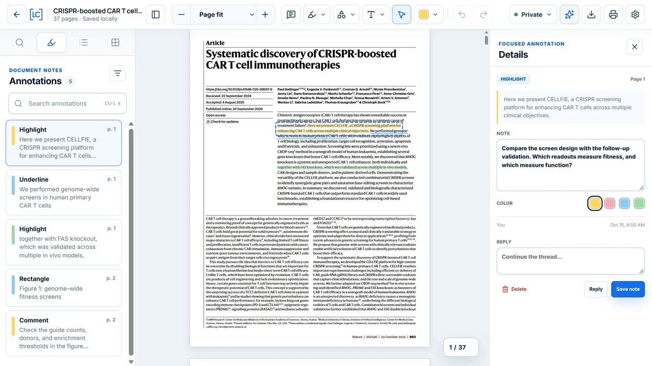 LumaCite PDF viewer with highlighted passages, an annotation list, and a note beside the source