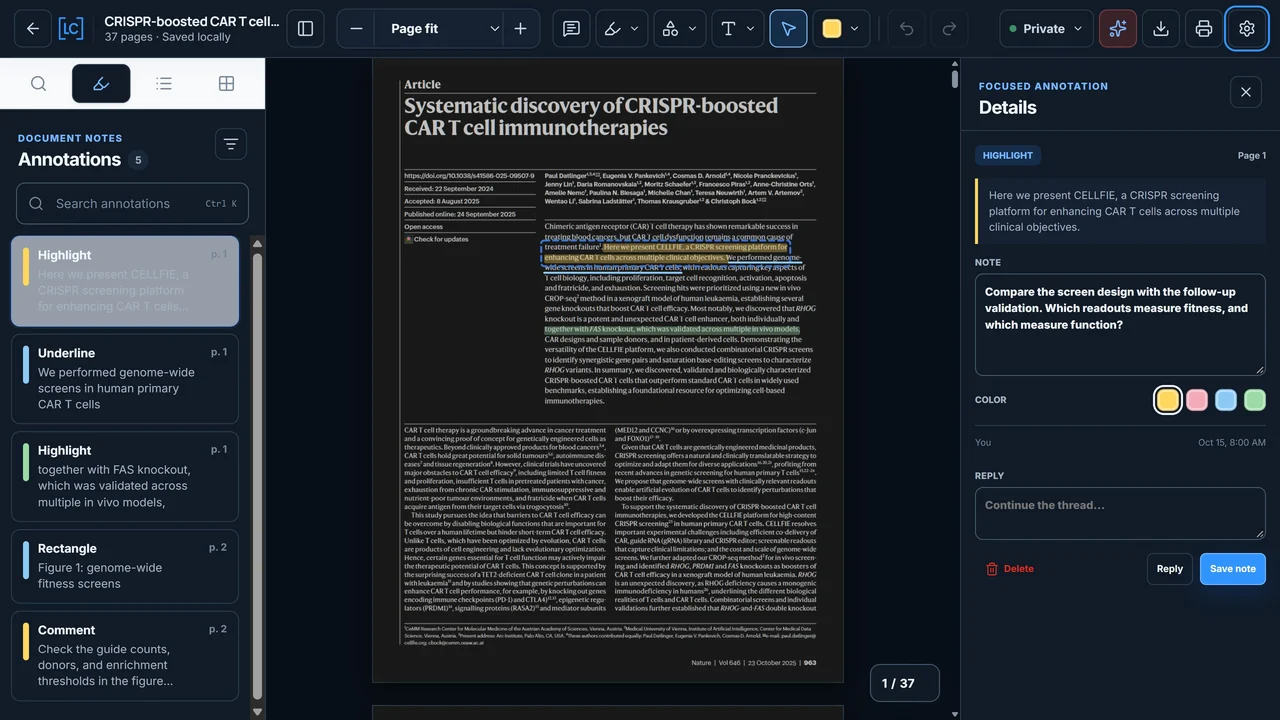 LumaCite PDF workspace in night theme